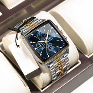 Water-resistant stainless steel sports watch with luminous hands, chronograph, zinc alloy case, and battery power. 3ATM.